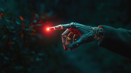 Fusion of human and AI captured as human hand meets robot finger.