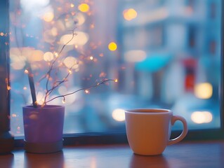 Fototapeta premium Cozy Coffee Shop Window: Illuminated Plant and Warm Mug
