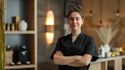Confident female spa therapist in a wellness center.