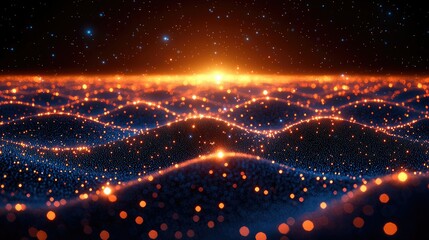 Obraz premium Glowing Particles Form Wavy Landscape Under Starry Sky