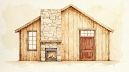 Cozy Rustic House Front with Stone Fireplace and Wooden Door in Soft Watercolor Style