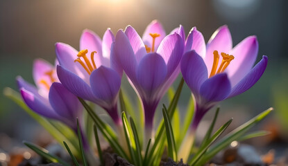 Spring Crocus Blooms in Warm Sunlight
