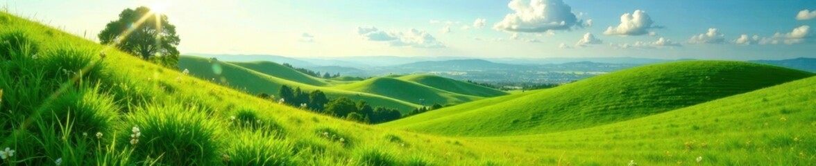 Fototapeta premium Rolling green hills, vibrant summer foliage, bright sunlight , field, abundant