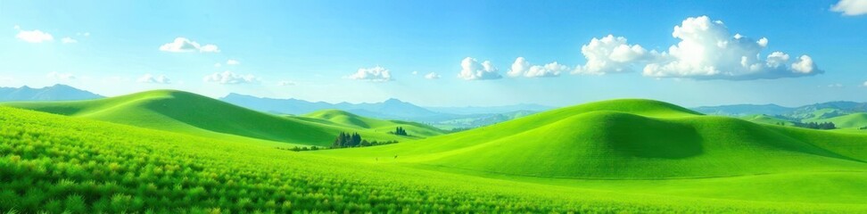 Fototapeta premium Rolling hills, vibrant green against a clear blue sky, field, grass