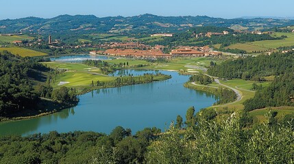 Obraz premium Tuscan Resort Golf Course and Lake Landscape