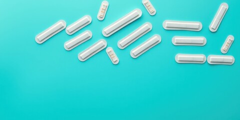 Obraz premium A scattered arrangement of adhesive bandages on a vibrant turquoise background, showcasing their versatility in wound care and everyday use.