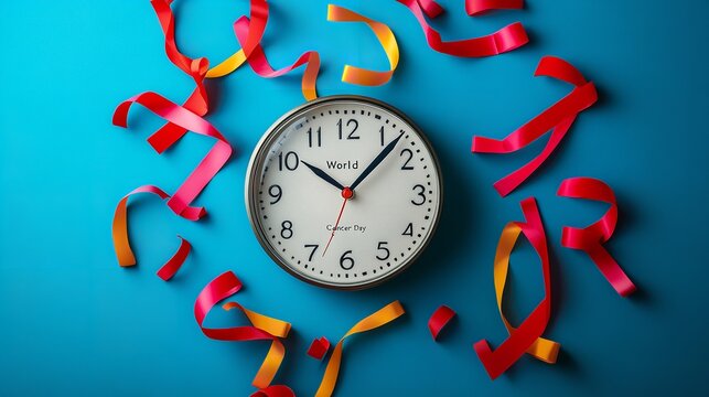 A clock with ribbon-shaped hands, symbolizing the importance of early cancer screening awareness
