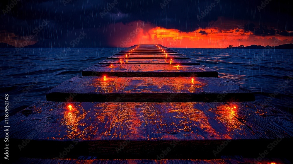 Sticker Lit dock at stormy sunset.