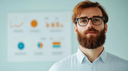 Obraz premium Professional man with glasses and beard standing in front of charts and graphs
