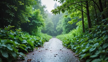 A beautiful park pathway surrounded by lush green foliage and tall trees after a refreshing rain