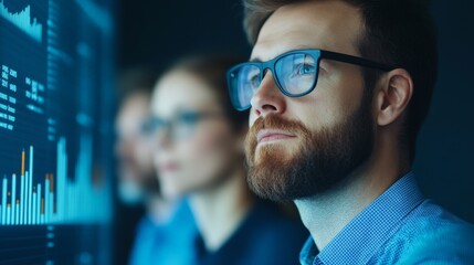 Fototapeta premium Focused Businessman Analyzing Data on Screen in Modern Office Environment