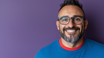 Happy Middle Aged Man Smiling  Portrait  Glasses  Blue Shirt  Purple Background