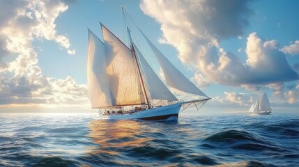 Majestic sailboats gliding on serene ocean waves under a vibrant sunset sky