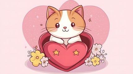 Adorable cat sitting inside a heart-shaped box with flowers and stars, cartoon-style illustration for children&rsquo;s themes and playful designs