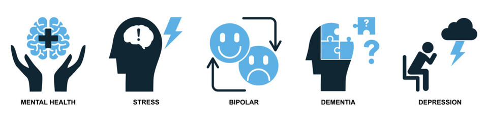 Icon set illustrating mental health conditions. featuring symbols for stress, bipolar disorder, dementia, depression, and mental health awareness with human head, brain, and emotional s