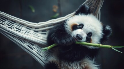 Obraz premium Overhead bird’s eye view of a baby panda relaxing in a hammock, eating bamboo. Strong moody style, low contrast, top-down perspective.