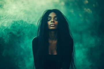 Fototapeta premium Stunning calm mixed-race girl - for ads, magazine ad and internet use. Commercial ad campaign conceptual art. Long trim - gorgeous bush hair. Vibrant hair artistic trends. Long hair portraits.