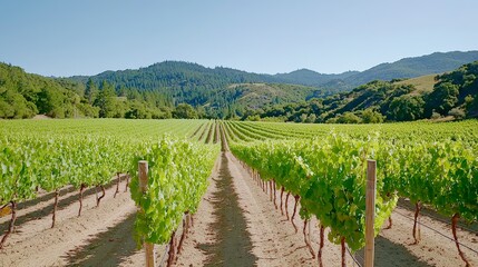 Naklejka premium Expansive Vineyard Landscape with Lush Green Grapevines Under Clear Blue Sky in California Region