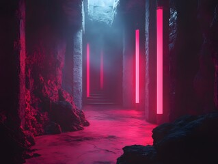 Obraz premium Neon-Lit Cave Passage: A Cyberpunk-Style Digital Artwork