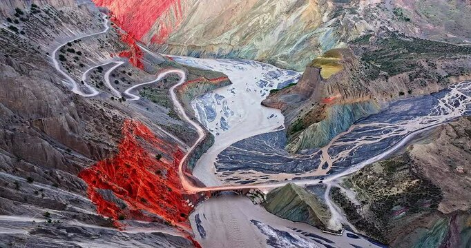 Spectacular Anjihai Grand Canyon natural landscape at sunrise in Xinjiang, China. Aerial view of mountain faults and canyon with rivers.