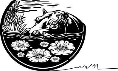 hippo illustration silhouette line art