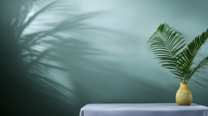 Obraz premium Tropical Palm Leaf Shadow Green Wall Empty Table Product Display