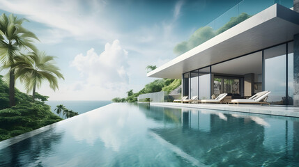 Fototapeta premium Modern Cliffside Villa with Infinity Pool overlooking Ocean