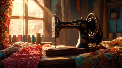  A nostalgic sewing scene featuring an antique wooden sewing machine nestled among vibrant vintage fabrics and timeworn sewing patterns