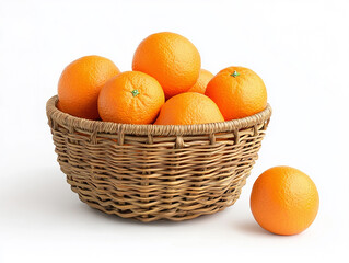 Basket of ripe oranges arranged beautifully on a white background symbolizing organic produce healthy eating vitamin C nutrition and the natural goodness of tropical citrus fruits
