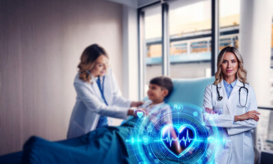 Obraz premium A young boy lies in a hospital bed, a female doctor gently checking his abdomen. He appears comfortable and she is reassuring. The room is bright and modern.