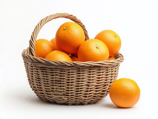 Vibrant oranges in a wicker basket arranged on a white background symbolizing healthy eating fresh produce organic lifestyle and the nutritional benefits of vitamin C-rich citrus fruits
