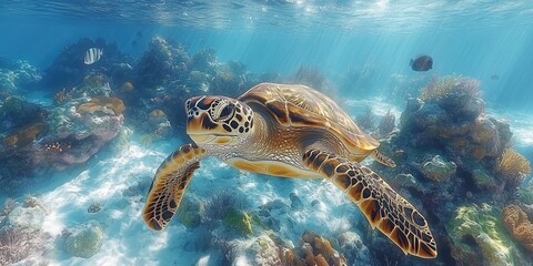 Fototapeta premium A picture of a sea turtle swimming in the coral reef sea