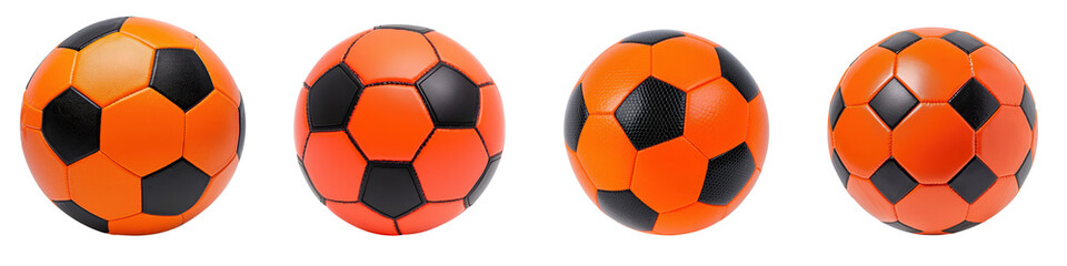 Fototapeta premium Assorted Colorful Soccer Balls with Orange and Black Patterns Placed on a Grassy Field Representing Sports Games and Recreational Activities