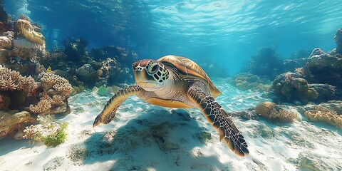 Fototapeta premium A picture of a sea turtle swimming in the coral reef sea