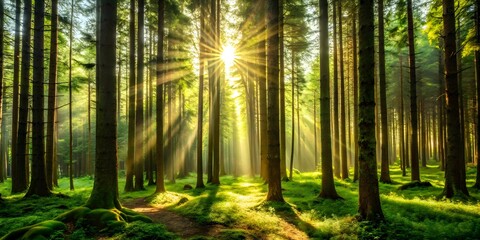 Obraz premium Dense foliage and towering trees form a lush canopy overhead, filtering sunlight to create dappled patterns on the forest floor, leaves, nature