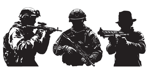 Silhouette vector set of an American soldier holding a gun. On white background
