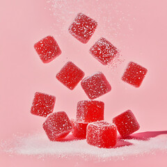 Delicious red gummy candies falling on pink background, creating playful and vibrant scene. sugary texture adds delightful touch to this sweet treat