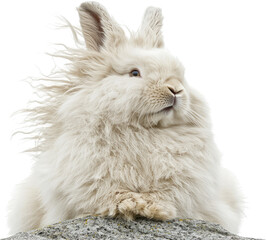 Obraz premium A fluffy white rabbit poses majestically on a rock, showcasing its long ears and windswept fur against a black background.
