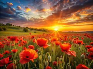 Golden hour paints a vibrant sunset over a field of blooming red poppies.
