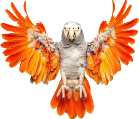 A vibrant parrot with striking orange wings displays its colorful plumage, showcasing an impressive array of feathers.