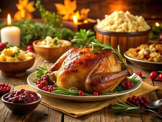 Golden roasted turkey, creamy mashed potatoes, vibrant cranberry sauce: a Thanksgiving feast captured in long exposure.
