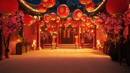 Obraz premium Festive Red Lanterns Illuminate Chinese Courtyard