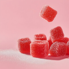 Delicious red gummy candies falling against pink background, showcasing their sugary texture and vibrant color. Perfect for sweet treats and candy lovers