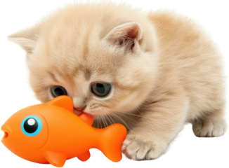 A playful orange kitten curiously interacts with a bright orange fish toy.