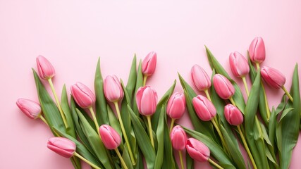 Obraz premium A Bouquet of Delicate Pink Tulips with Green Stems and Leaves Against a Soft Pink Background