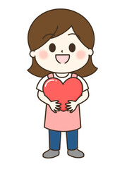 ハートを持つエプロンの女性のゆるかわイラスト