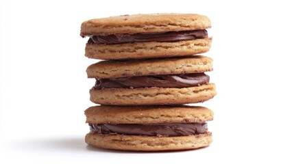 Stack of three chocolate sandwich cookies isolated on white background.