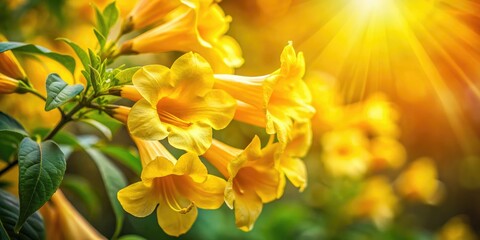 Fototapeta premium Golden trumpet flower explodes in a long exposure macro, showcasing nature's golden brilliance.