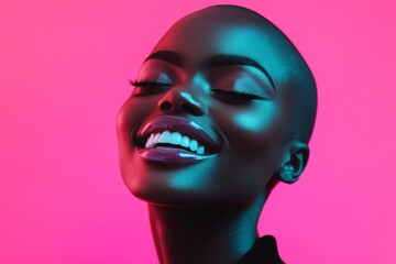 Commercial commercial concept art. Gorgeous happy black girl - for ads, billboard and online networks marketing use. Short trim - bald head - no hair. Short hair woman. Black woman in concept.