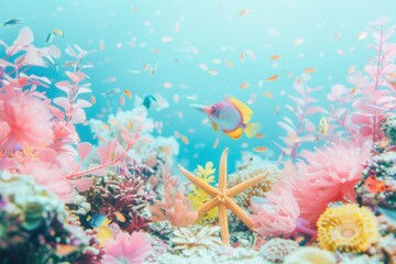 Serene underwater world with colorful fish, corals, and starfish
